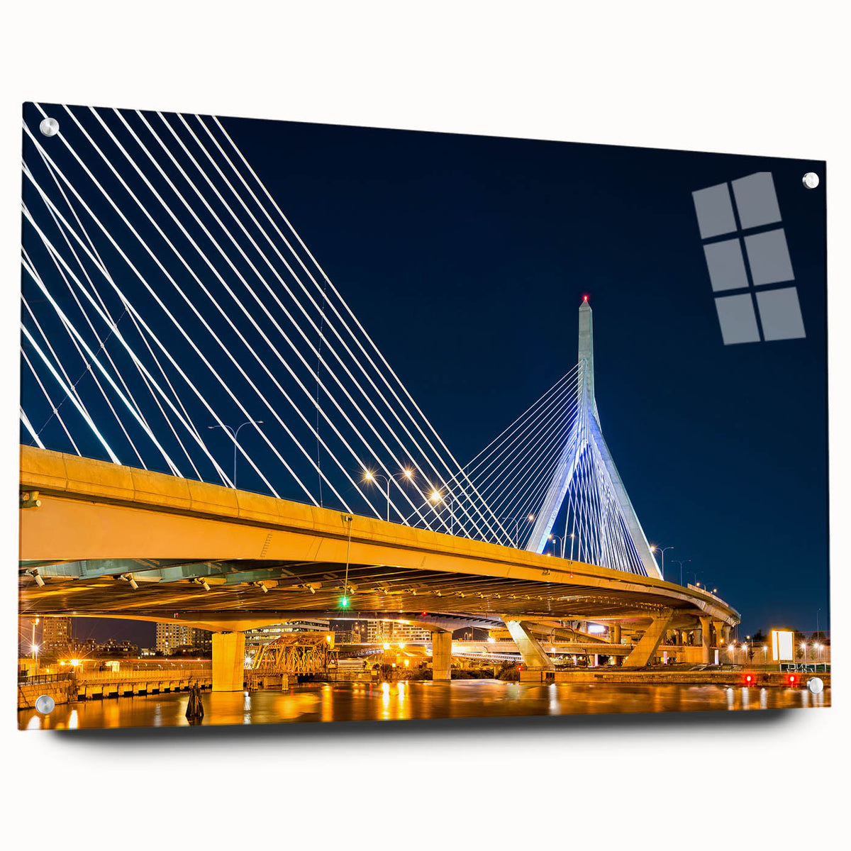 Acrylic print of a large abstract depiction of Boston skyline in muted blue and gray tones.