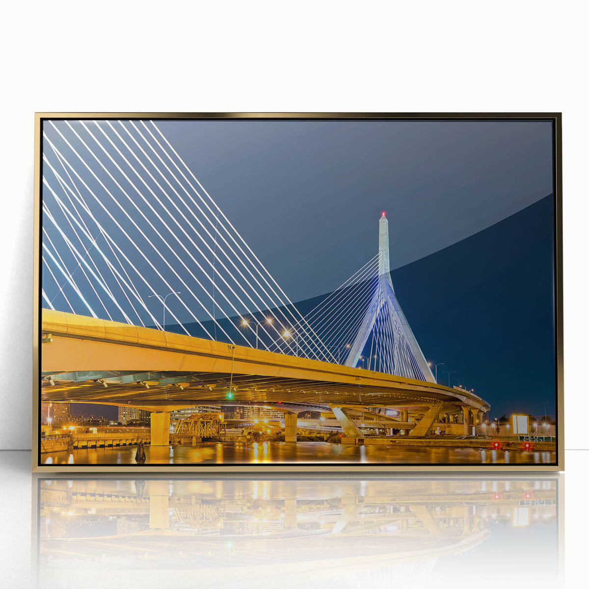 Framed acrylic print of Boston skyline in muted gold and blue tones, ideal for modern art wall decor.