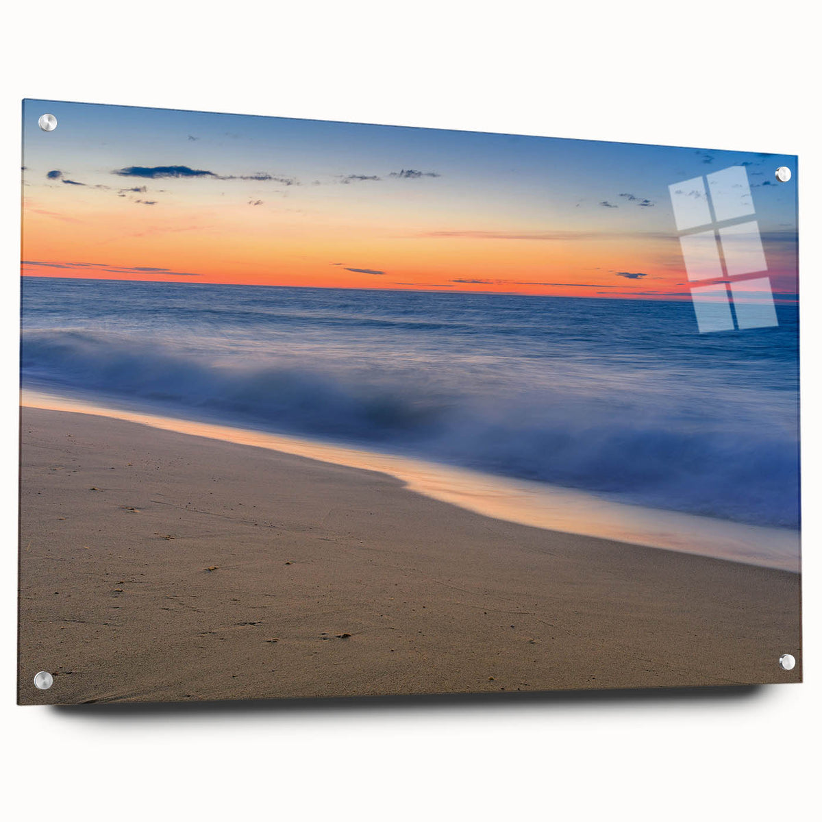 Acrylic print of a serene Nantucket landscape in soft blue and green shades, ideal for dining room decor.