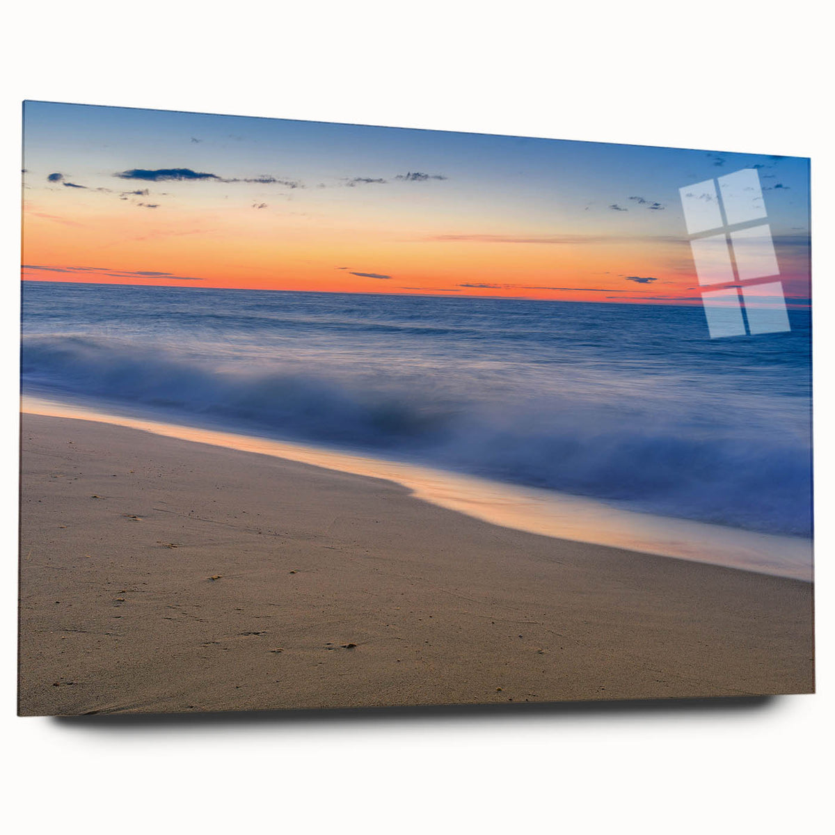 Large abstract wall art depicting the Massachusetts Nantucket coastline in muted blues and greens on acrylic glass.