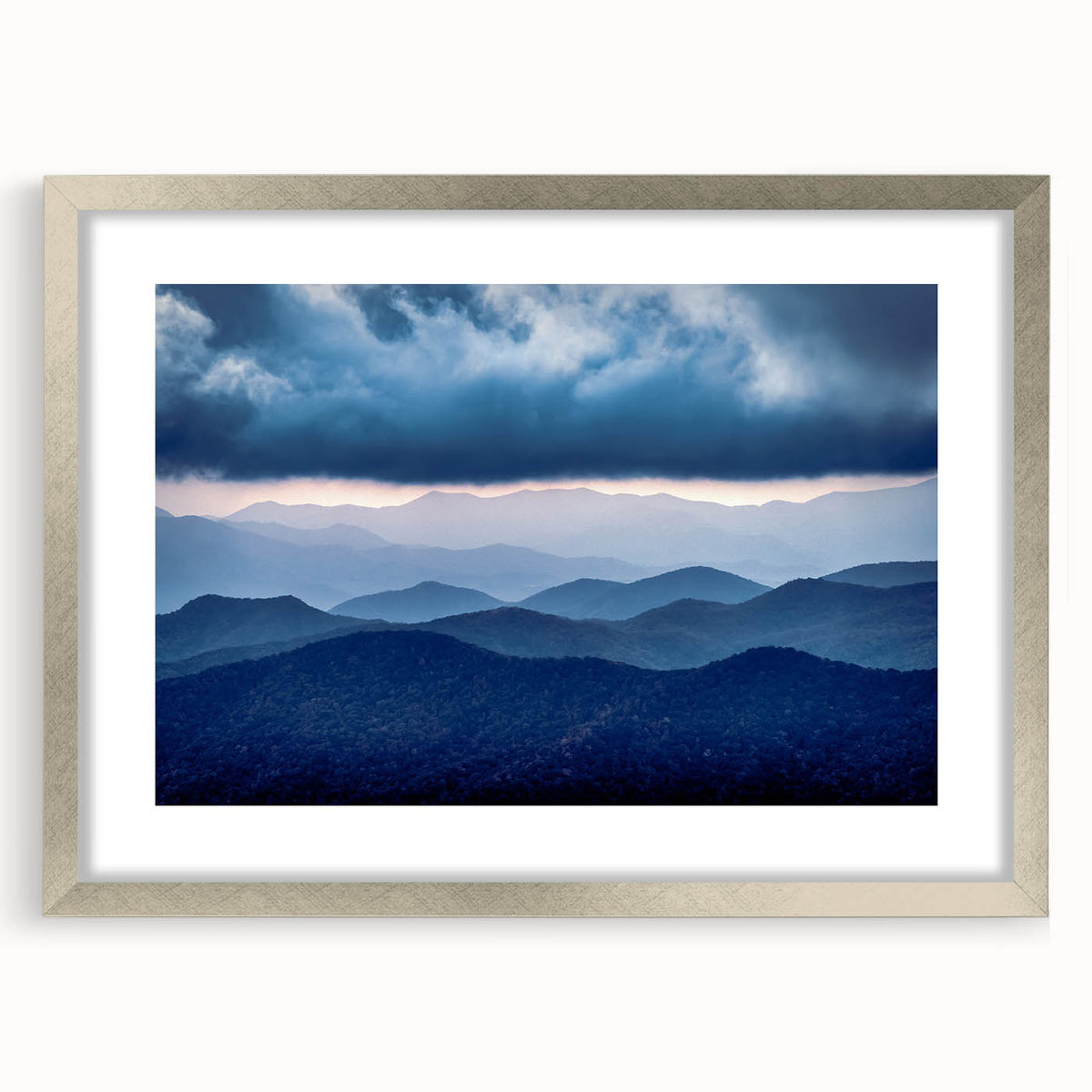Textured art depicting the Blue Ridge Mountains in muted blue and green tones, framed in silver.