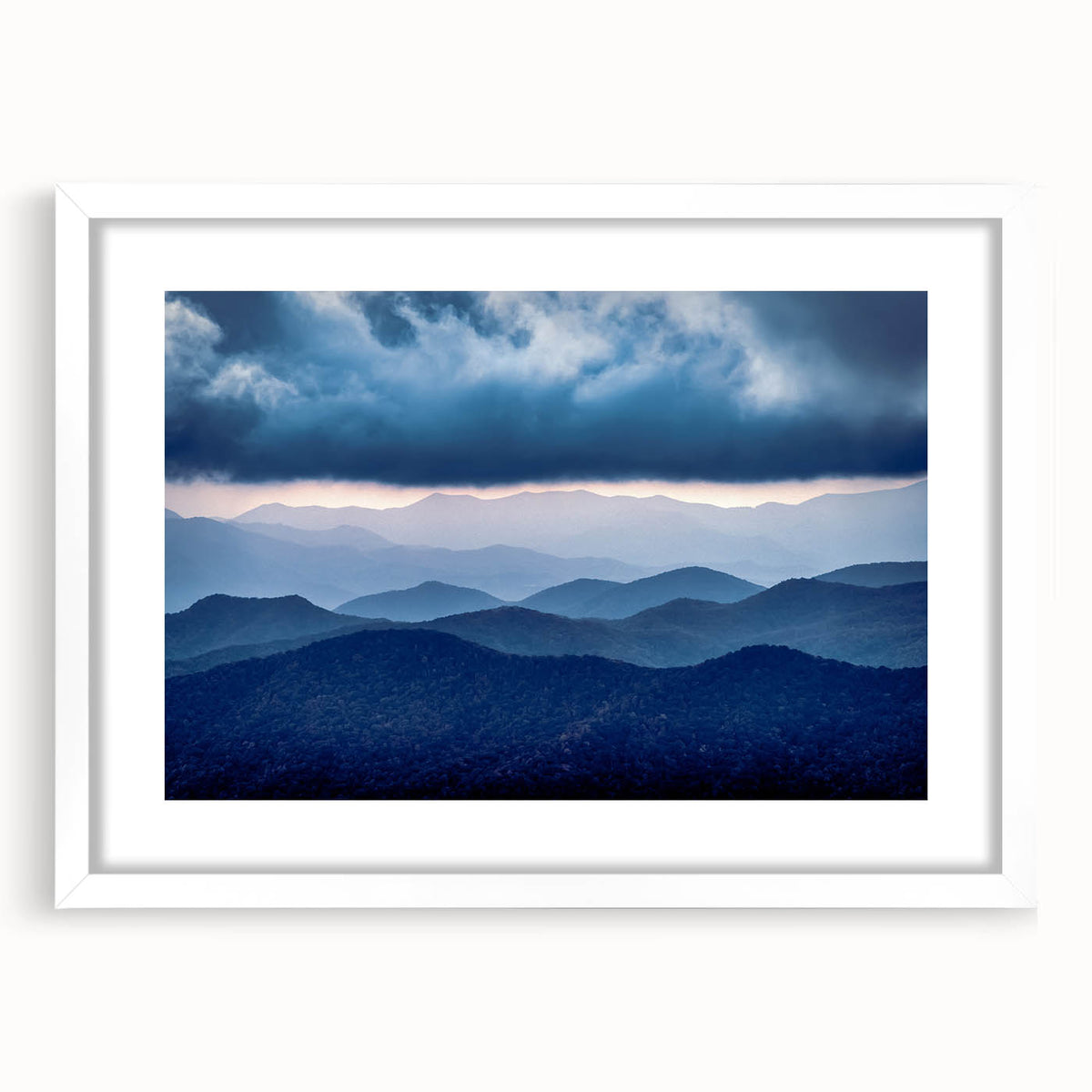 Abstract art print depicting the Blue Ridge Mountains in muted blue and green tones, framed with a white mat.