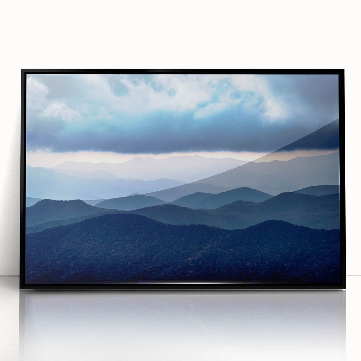 Large abstract wall art depicting the Blue Ridge Mountains in muted blues and greens on a framed acrylic.