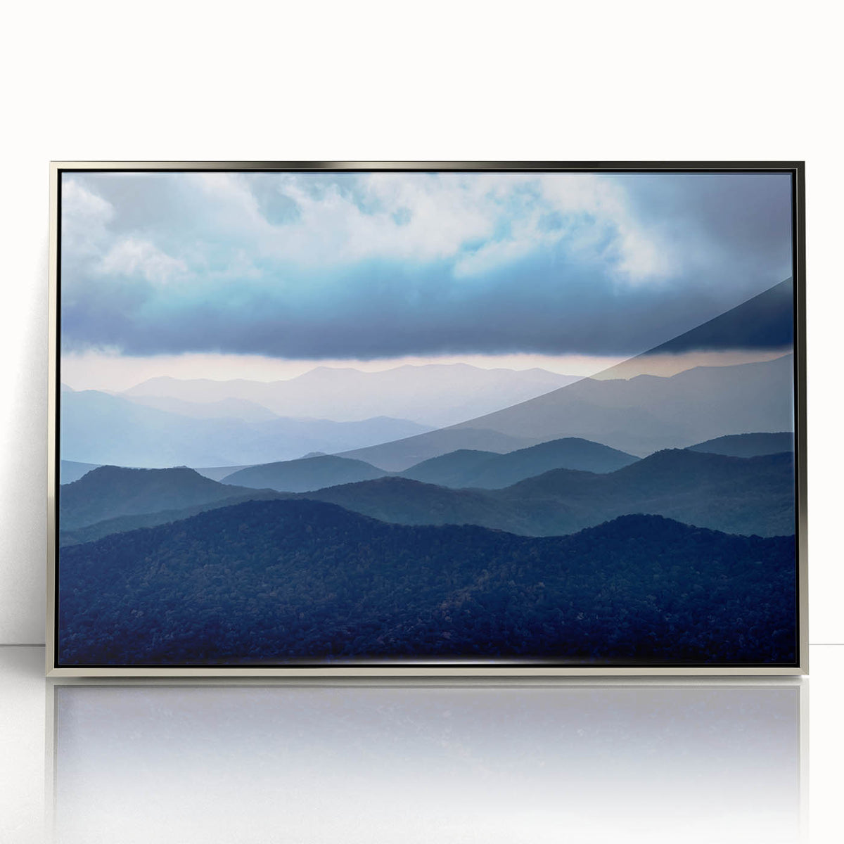 Mid-century modernist art featuring the Blue Ridge scenery in North Carolina, displayed in a silver-framed acrylic print.