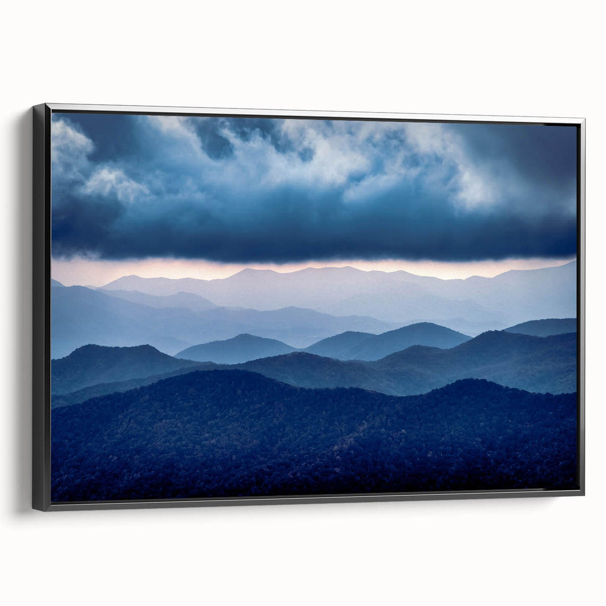 Black and white landscape art of the Blue Ridge Mountains on a framed canvas, suitable for bedroom decor.