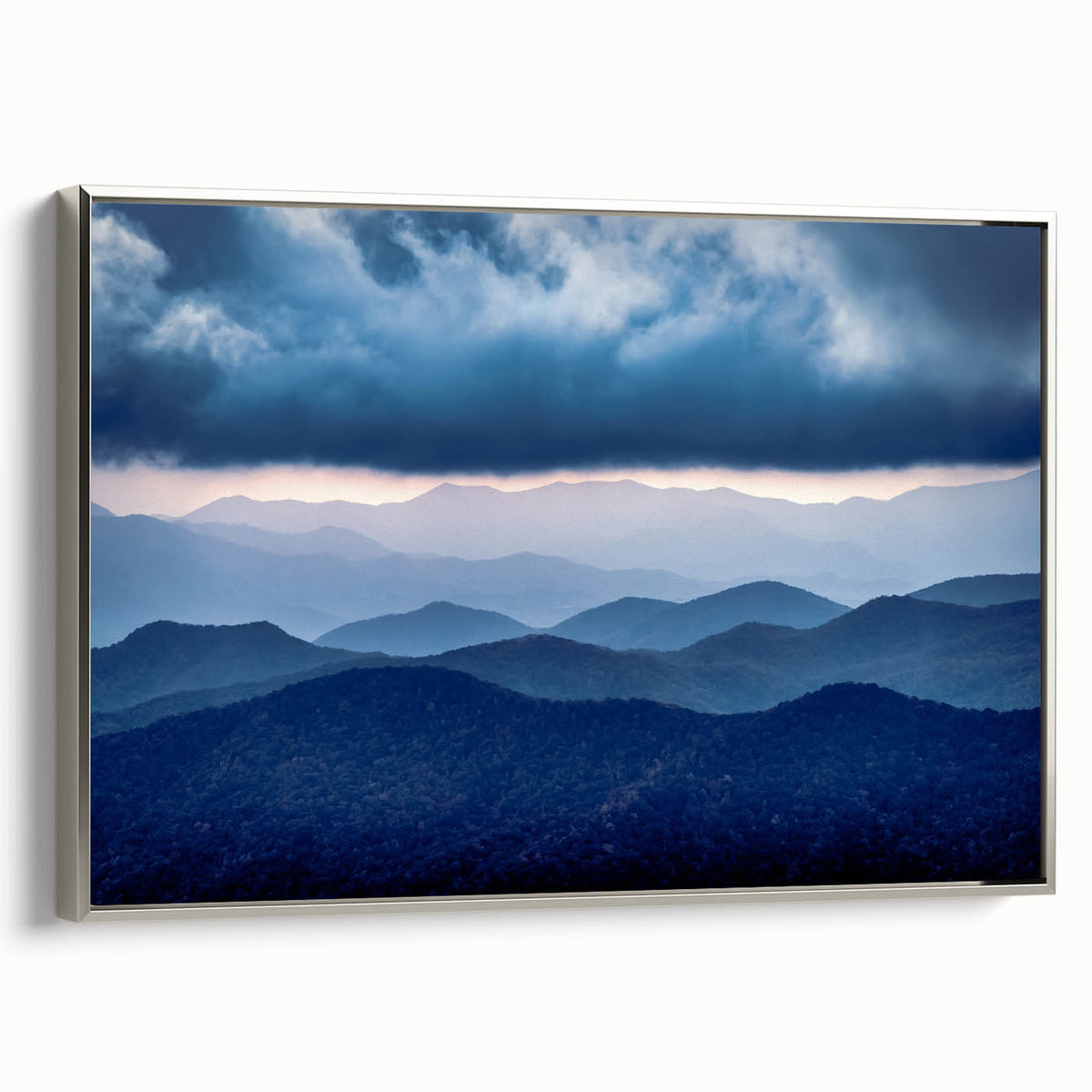 Landscape art painting of Blue Ridge, North Carolina in colorful tones on a silver-framed canvas.