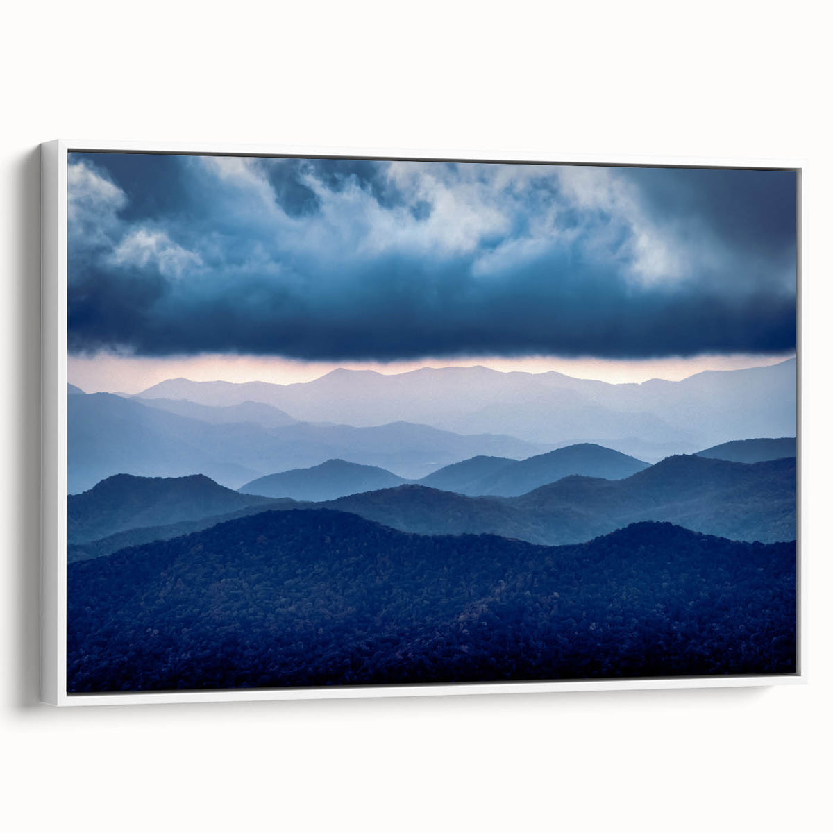 Vintage poster art of Blue Ridge in North Carolina, featuring colorful landscape on large framed canvas.