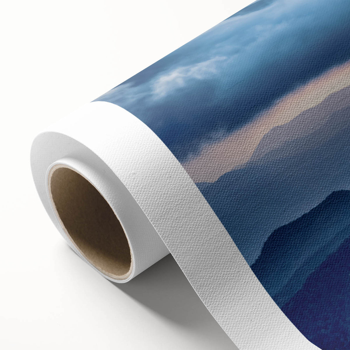 Art Deco-style poster of the Blue Ridge Mountains in muted blues and greens on rolled canvas, ideal for nursery wall art.