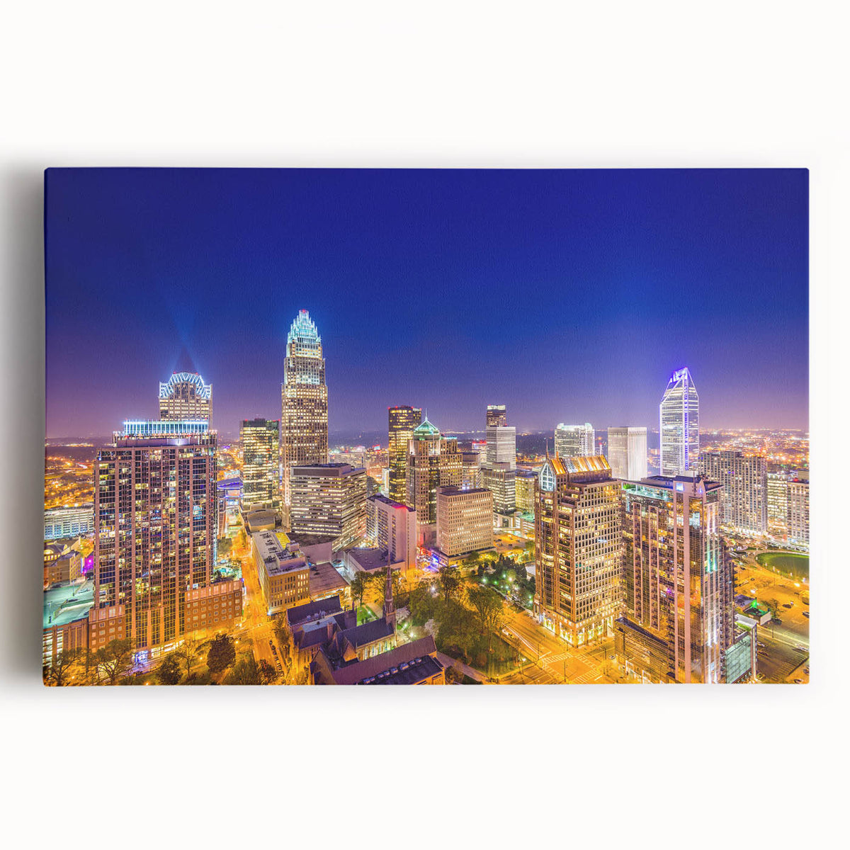 Black and white large art print of Charlotte skyline on stretched canvas, suitable for kitchen wall art.