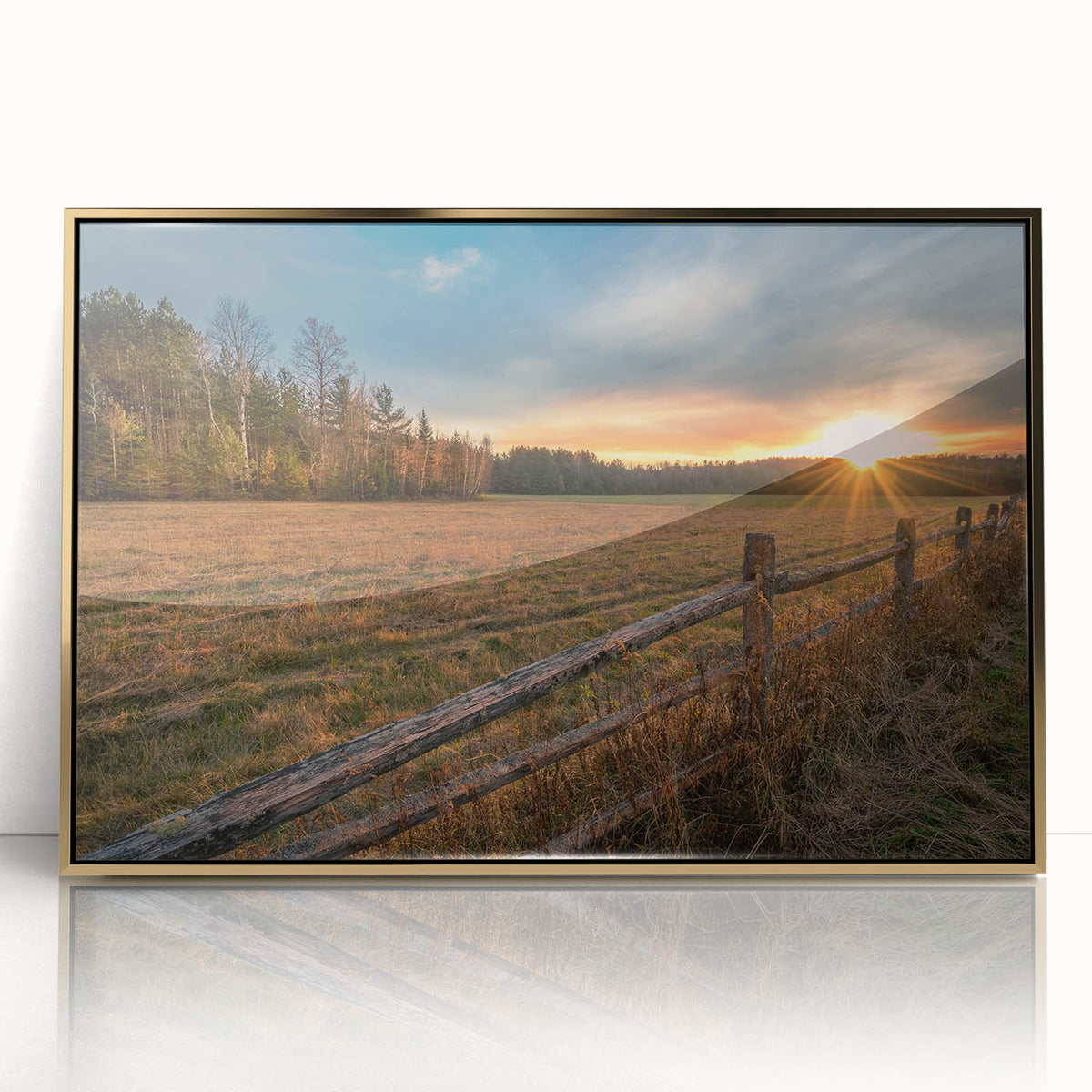 Framed acrylic print of Adirondacks scenery in autumn with gold and red hues, ideal for modern art wall decor.