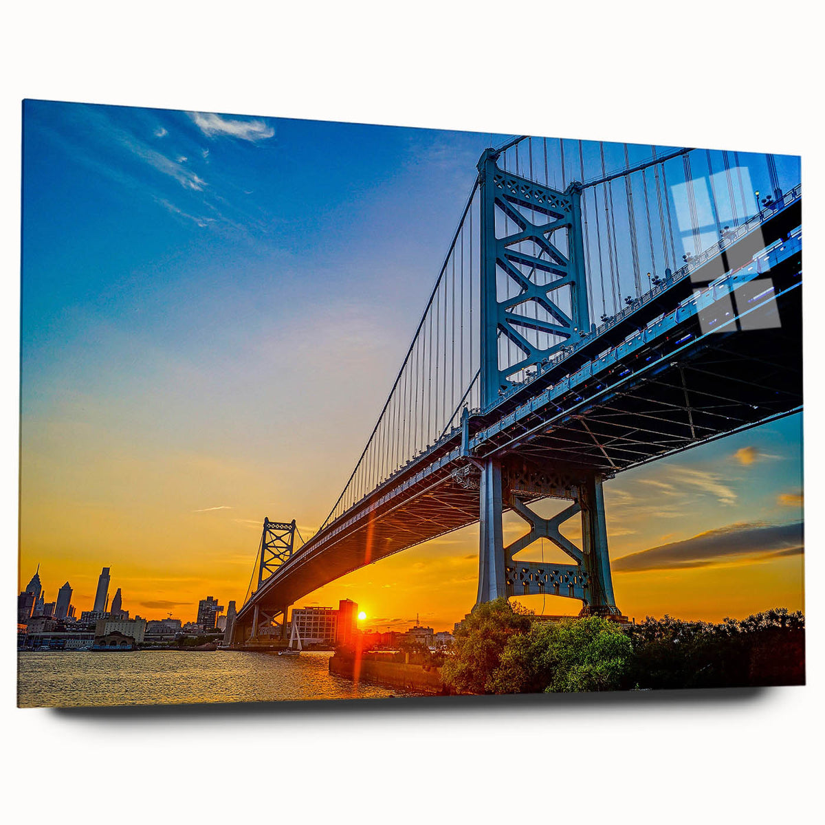 Large abstract wall art of Philadelphia skyline in muted blue tones on acrylic glass.