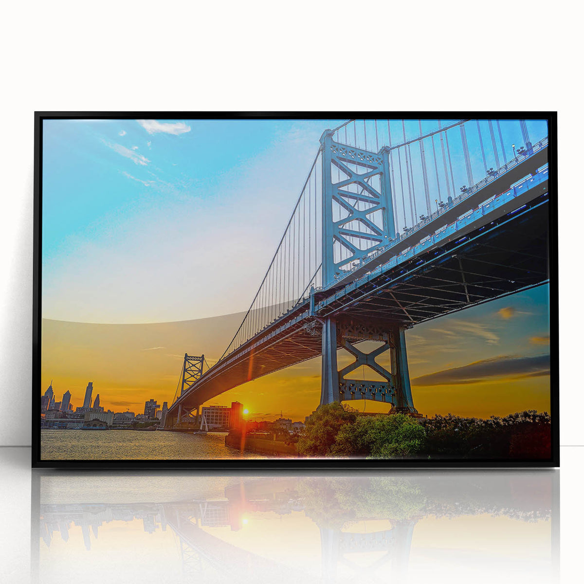 Large abstract wall art depicting Philadelphia skyline in muted gray tones, framed in black acrylic.