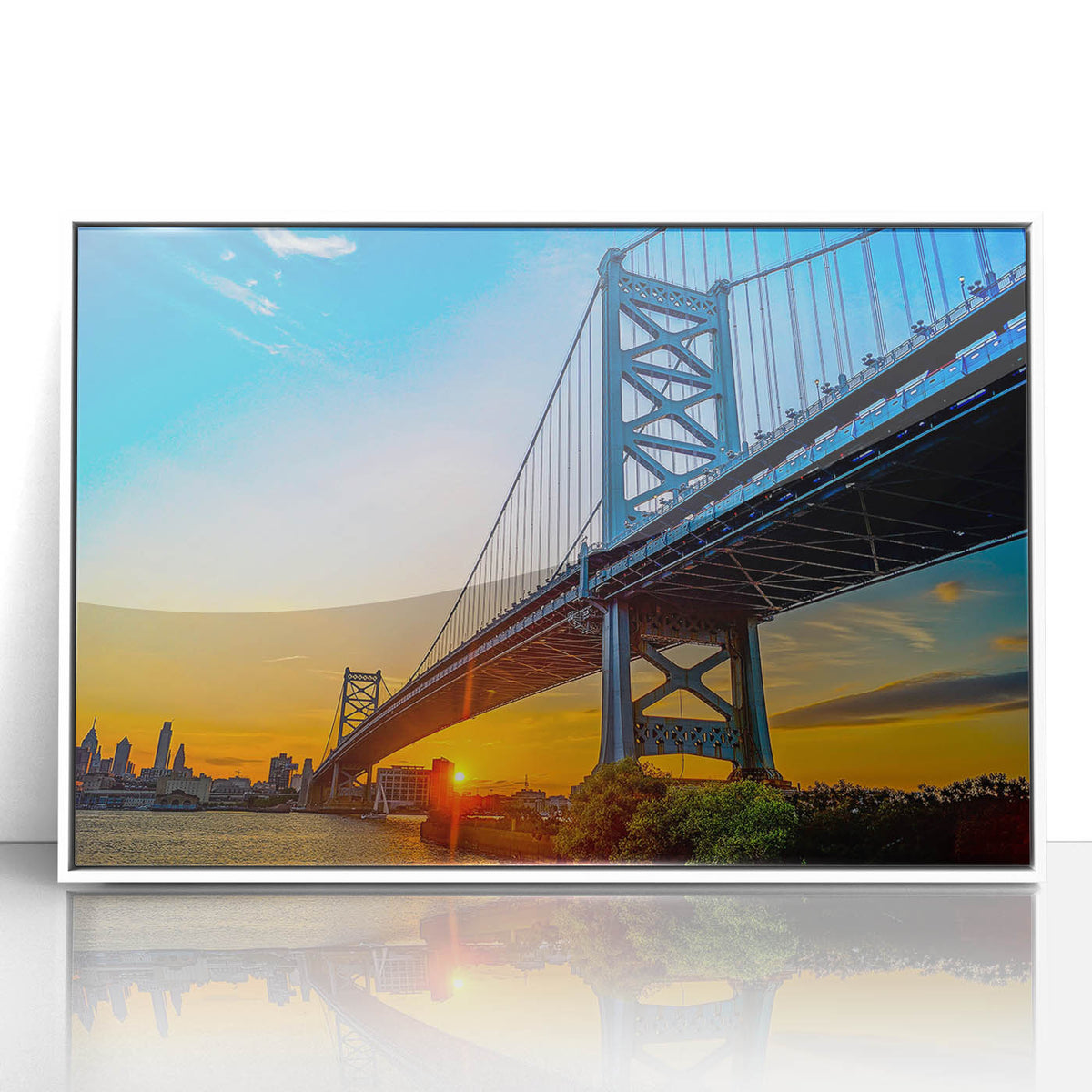 Art deco poster of the Philadelphia skyline in muted gray and blue tones on a framed acrylic.