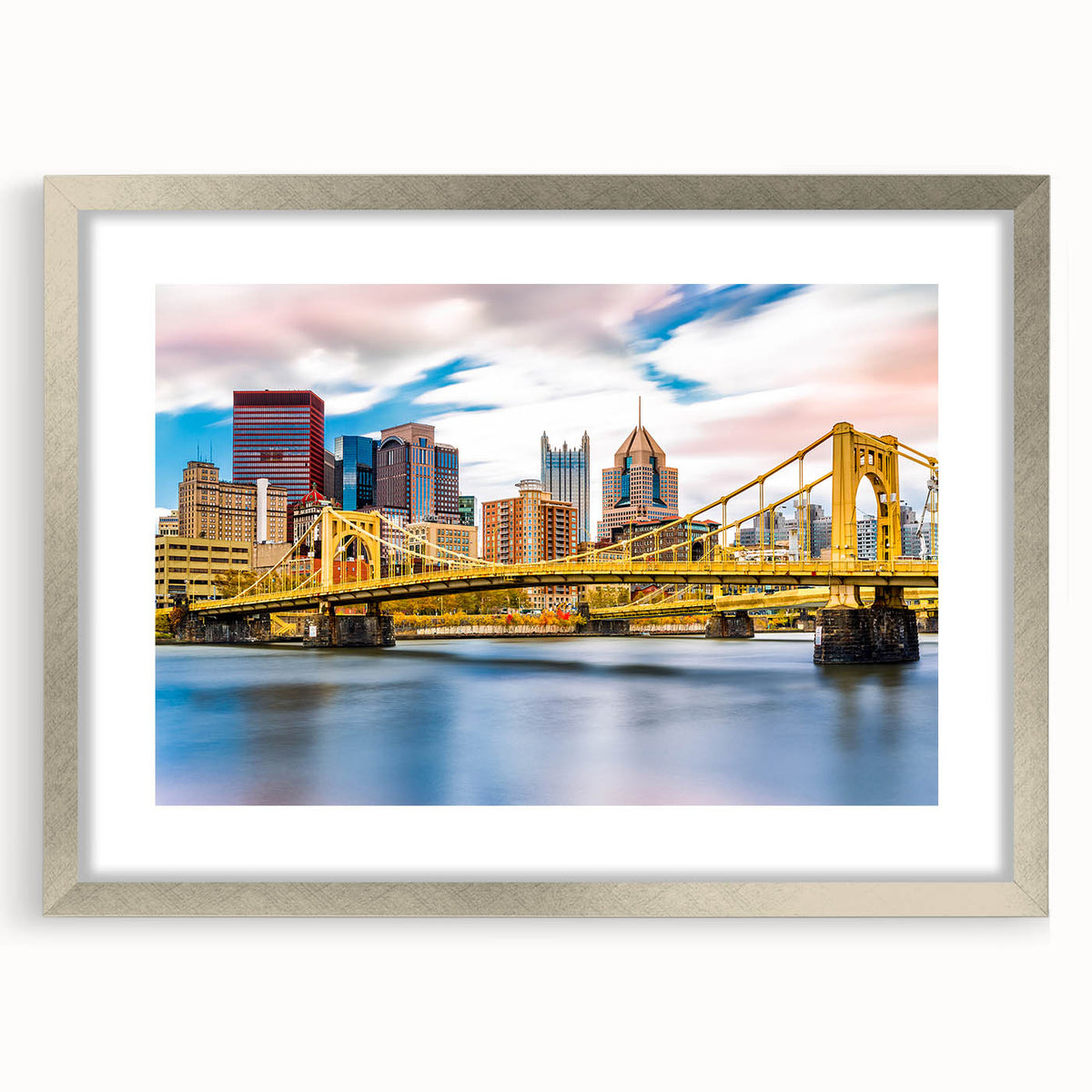 Textured art print of abstract Pittsburgh skyline in muted gray and blue tones on a framed silver mat.