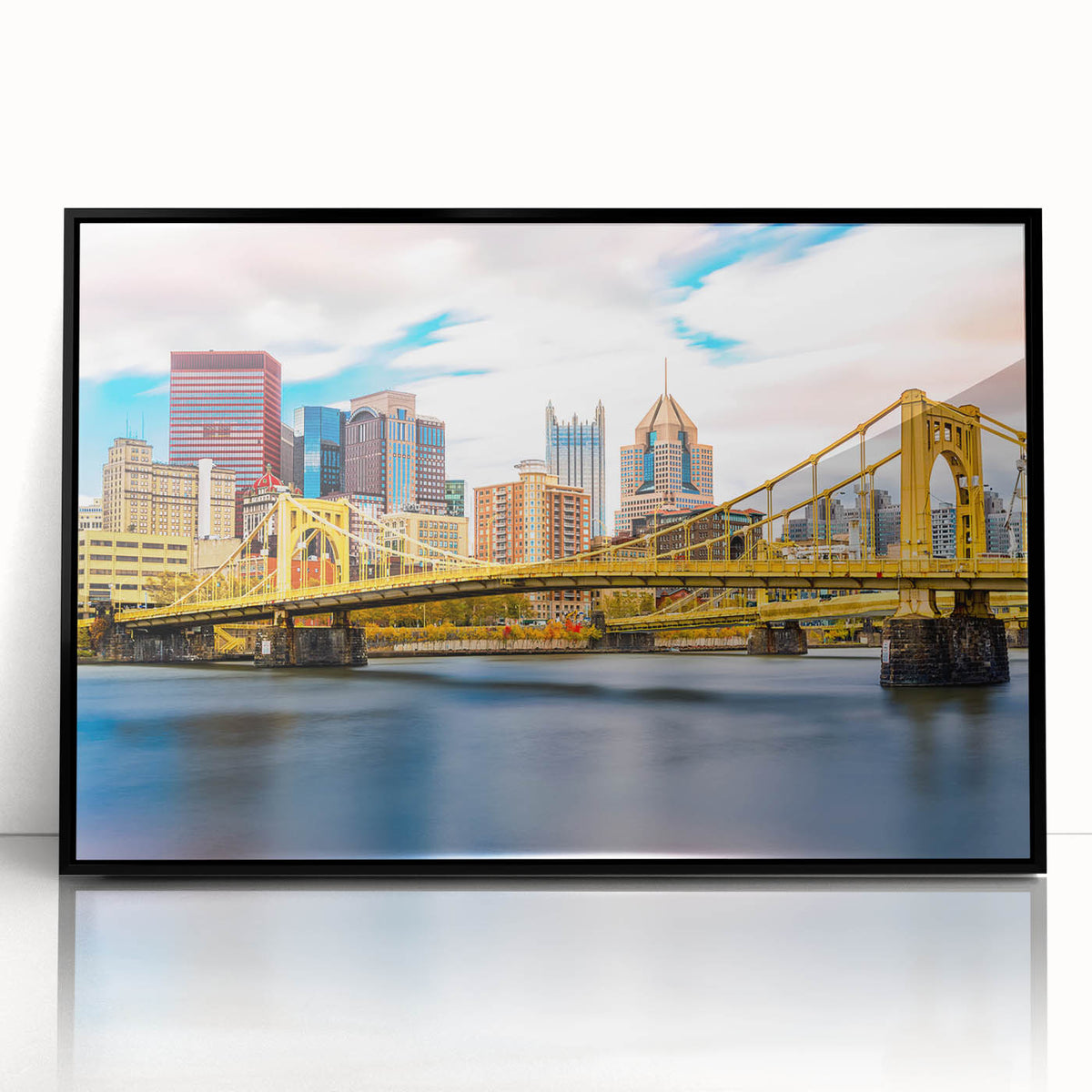 Large abstract wall art of Pittsburgh skyline in muted gray and blue tones on framed acrylic.