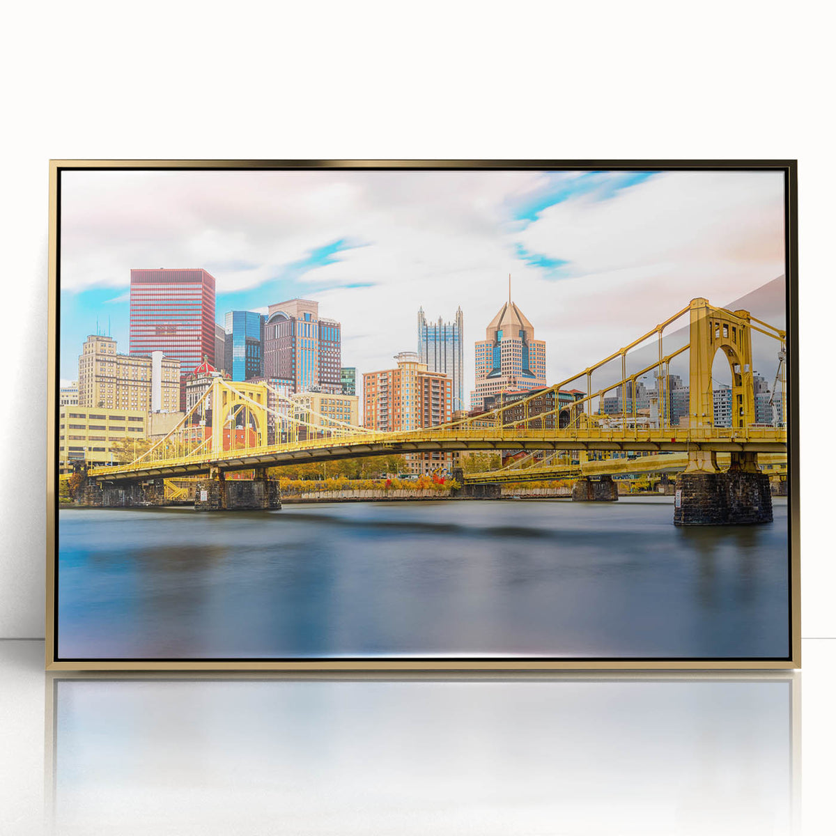 Framed acrylic print of Pittsburgh skyline in muted gold and gray tones, ideal for modern art wall decor.