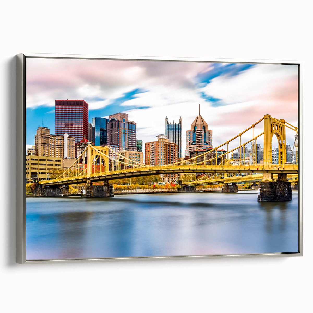 Landscape art painting of Pittsburgh skyline on framed canvas.