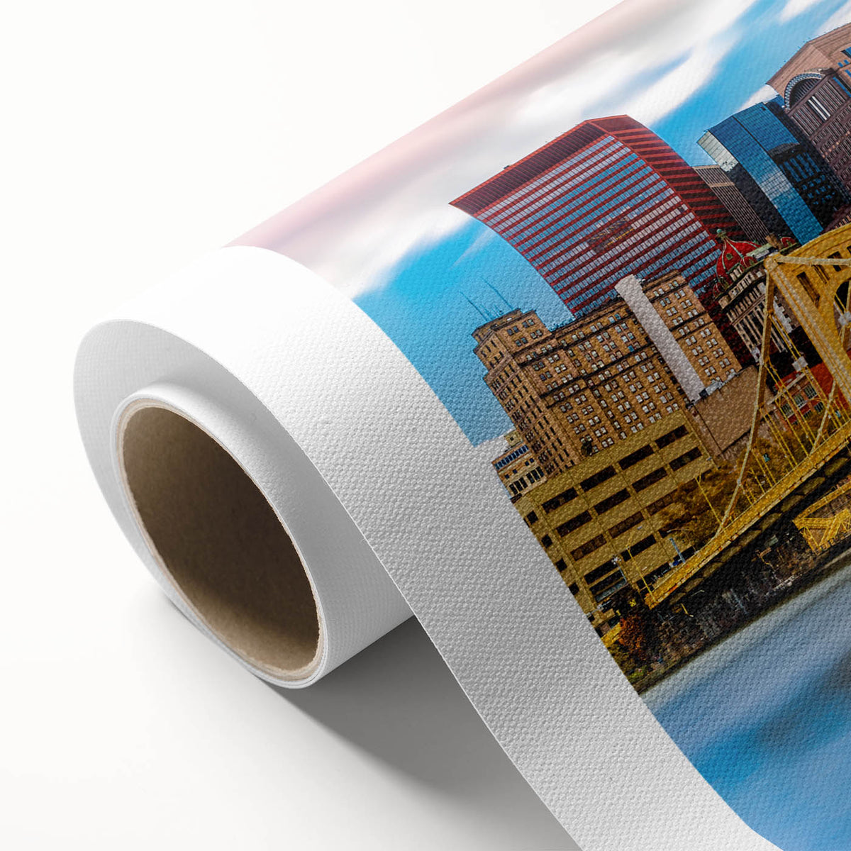 Art Deco style poster of Pittsburgh skyline in muted gold and blue tones on rolled canvas, ideal for nursery wall art.