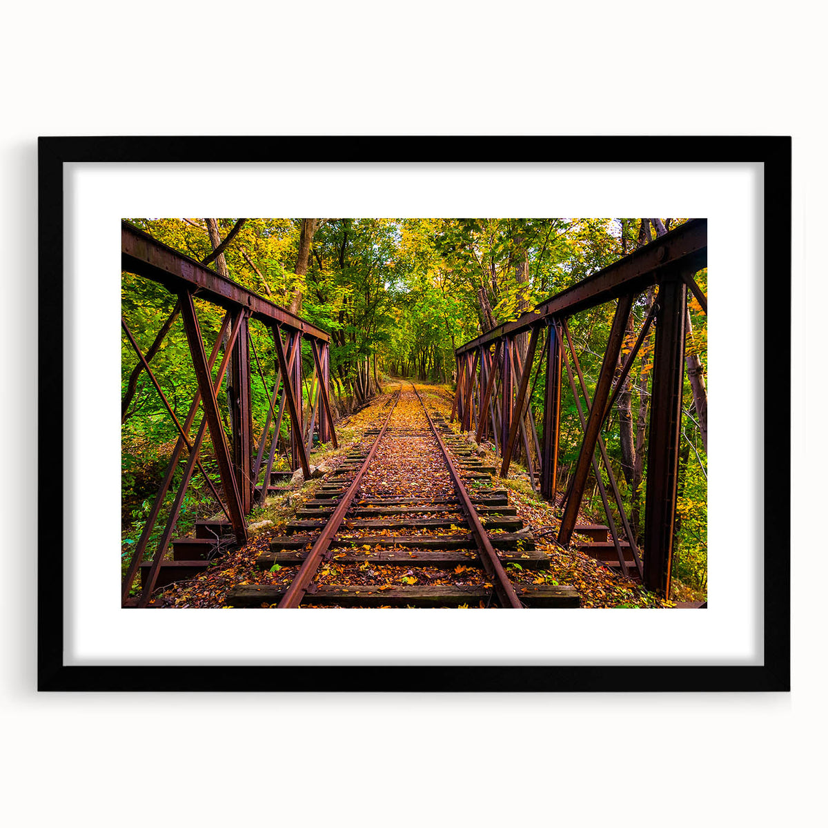 Abstract art print of a colorful, textured Pennsylvania landscape on a large black-framed canvas.