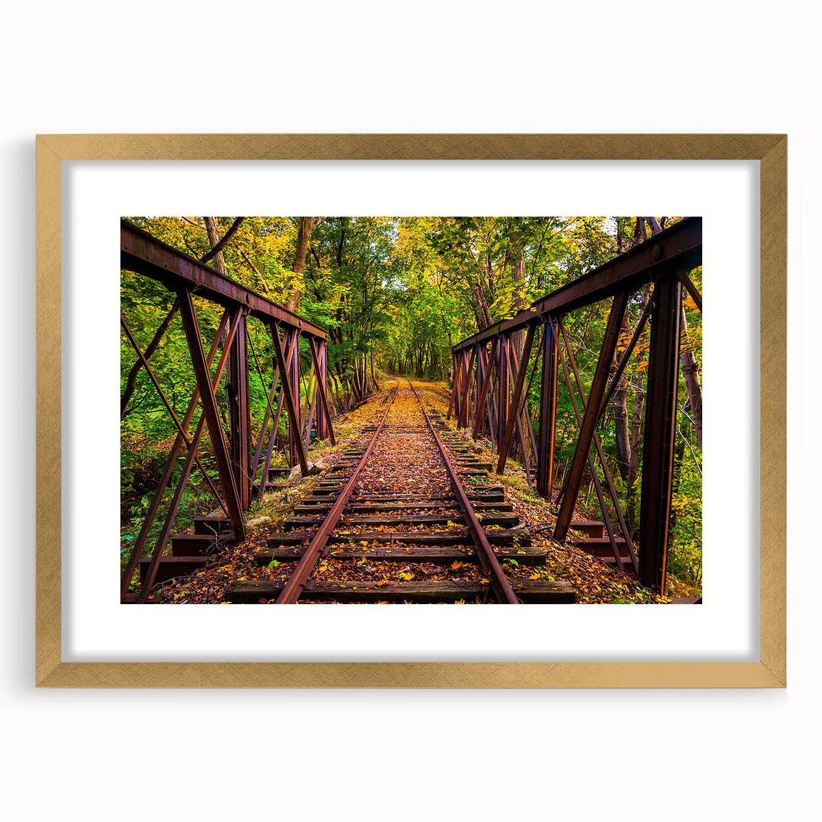 Extra large abstract art print of Pennsylvania scenery in a gold frame, featuring textured brush strokes and earthy tones.