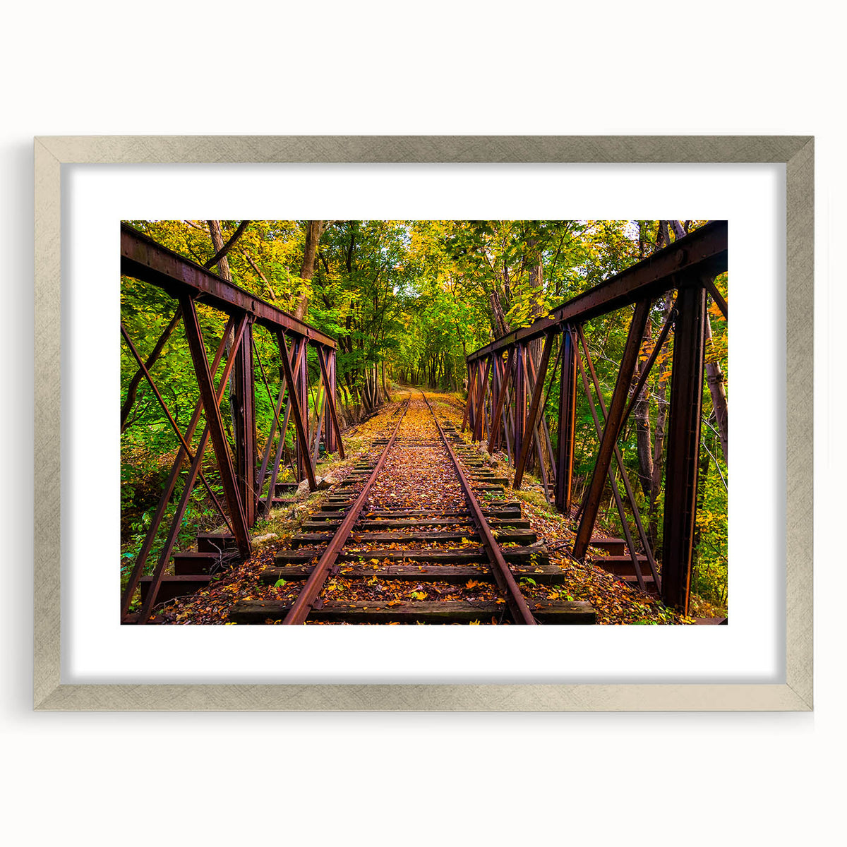 Textured abstract art print of Pennsylvania scenery in muted earth tones, framed in silver, ideal for bedroom decor.