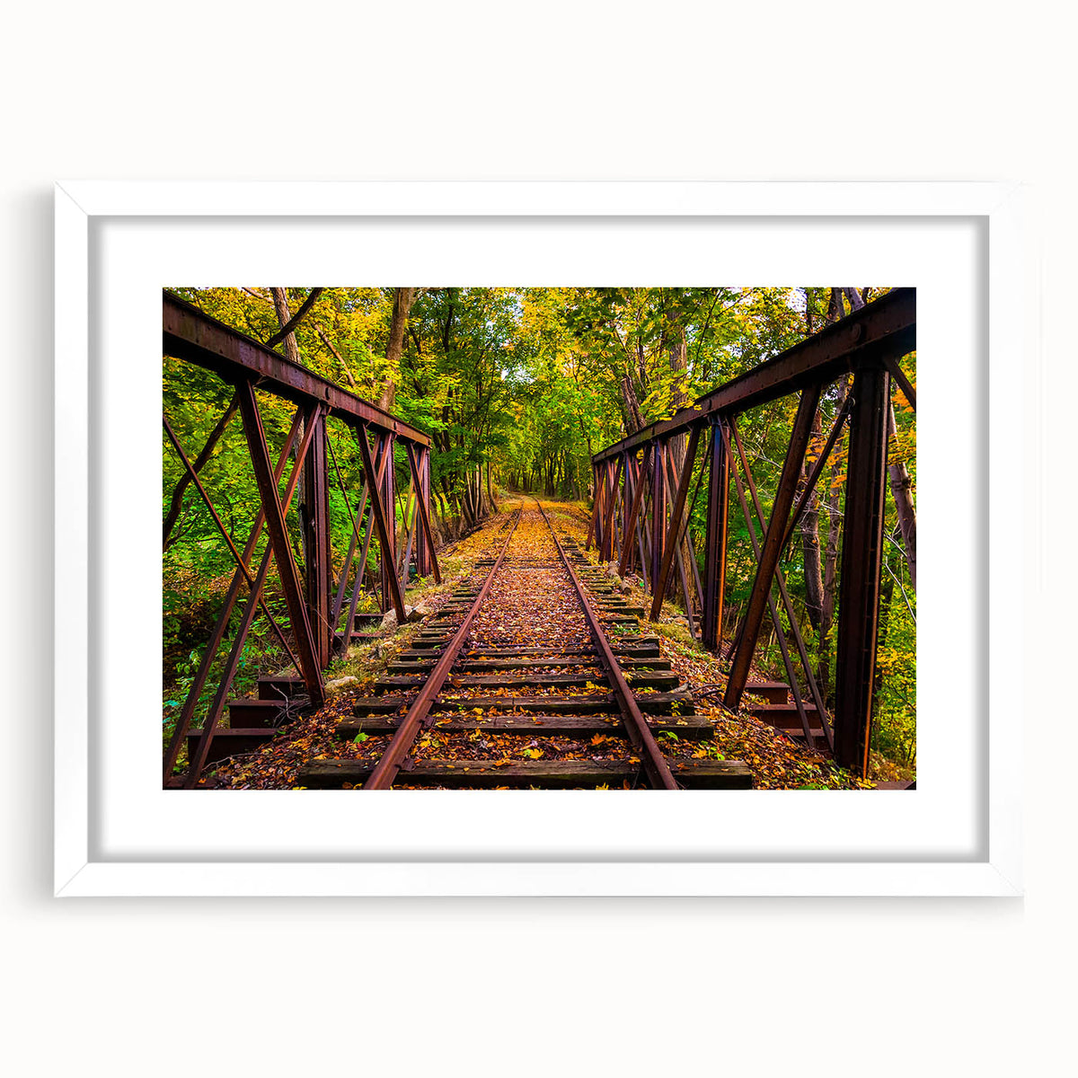 Abstract art print of Pennsylvania scenery in muted earth tones on a framed white canvas, suitable for dining room decor.
