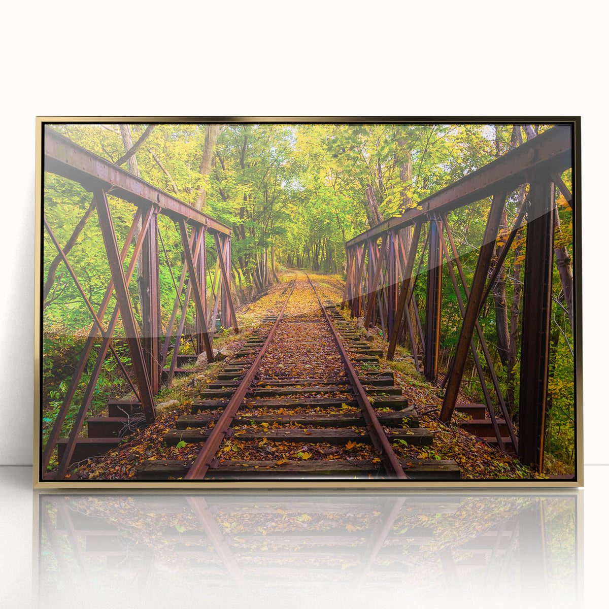 Framed acrylic print of a Pennsylvania scenery in mid-century modernist style, featuring muted earth tones.