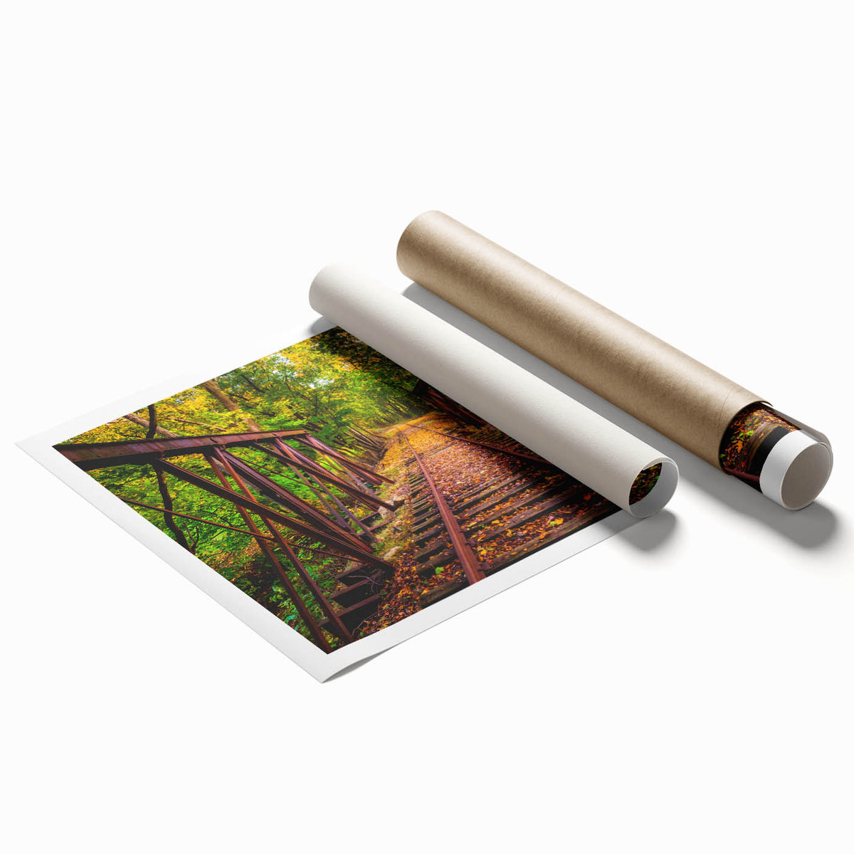 Extra large rolled print of a Pennsylvania scenery with muted floral designs.