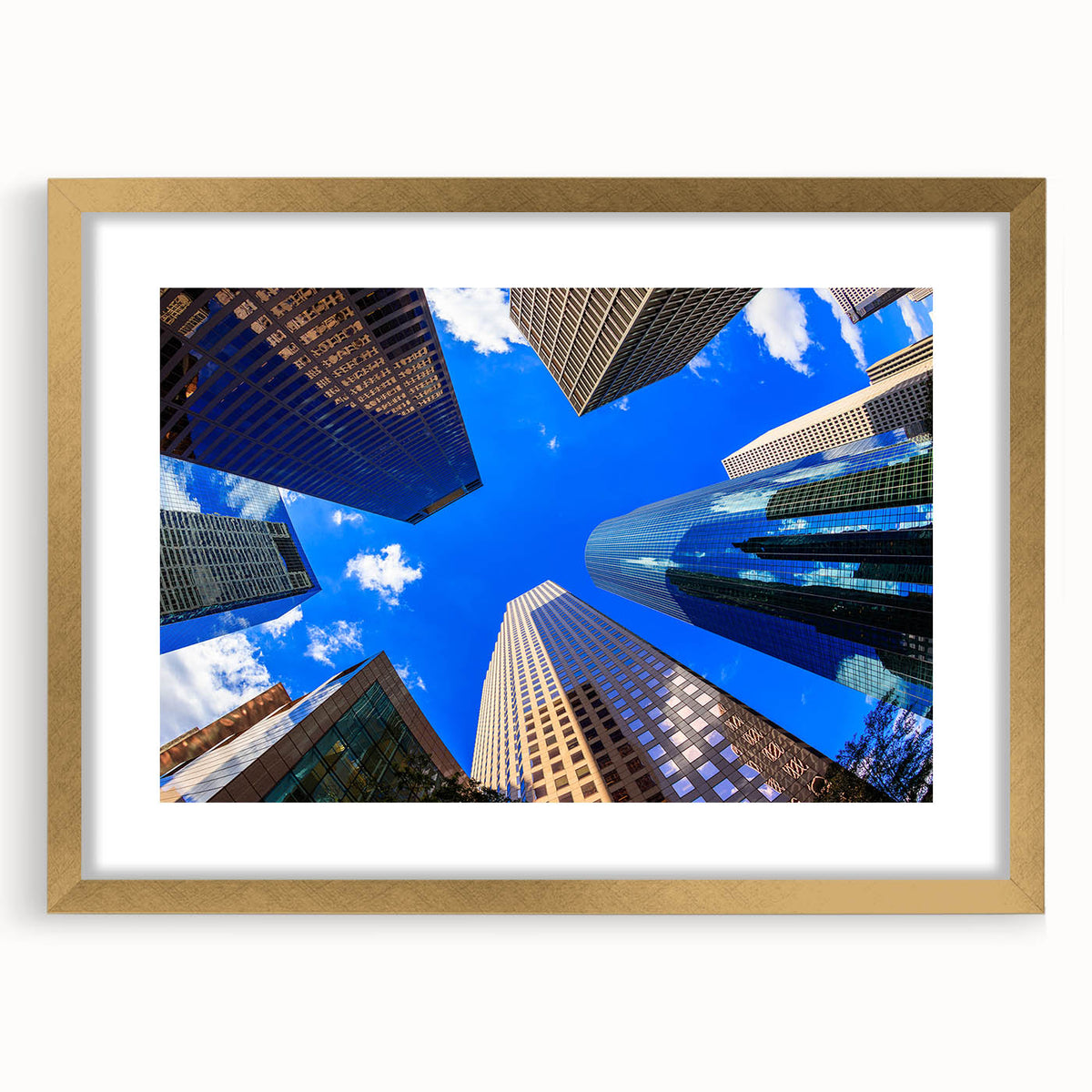 Extra large wall art featuring a textured abstract print of Houston skyline in gold frame, ideal for living room decor.