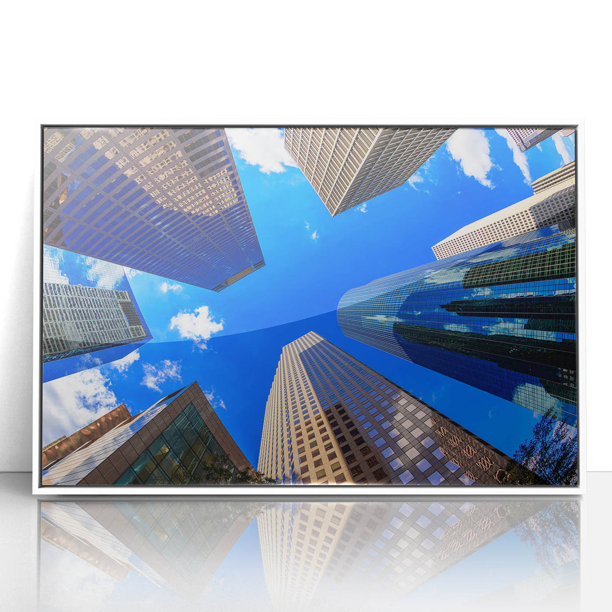 Framed acrylic print of Houston skyline in art deco style with soft gray and blue tones.
