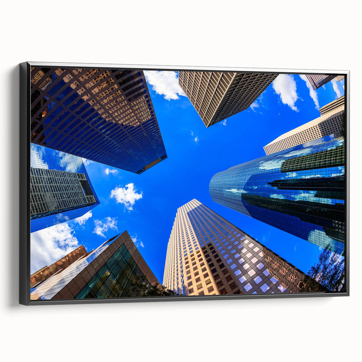Black and white framed canvas of Houston skyline in a vintage poster art style, suitable for bedroom wall decor.