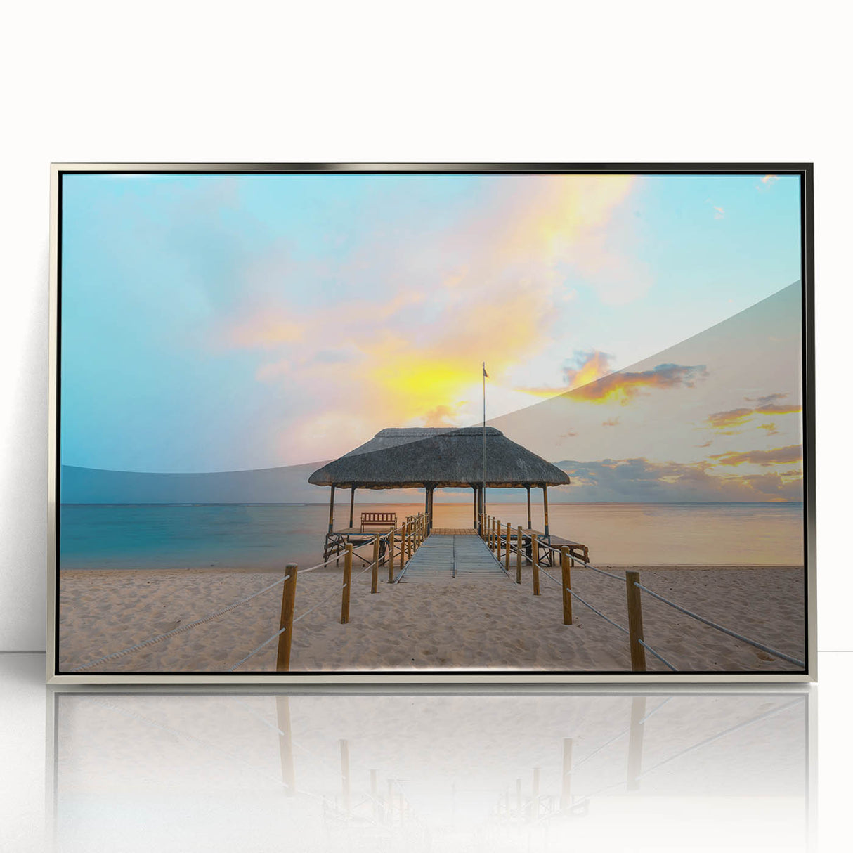 Art deco poster of a Mauritian landscape in muted earth tones on a silver-framed acrylic, suitable for modern nursery decor.