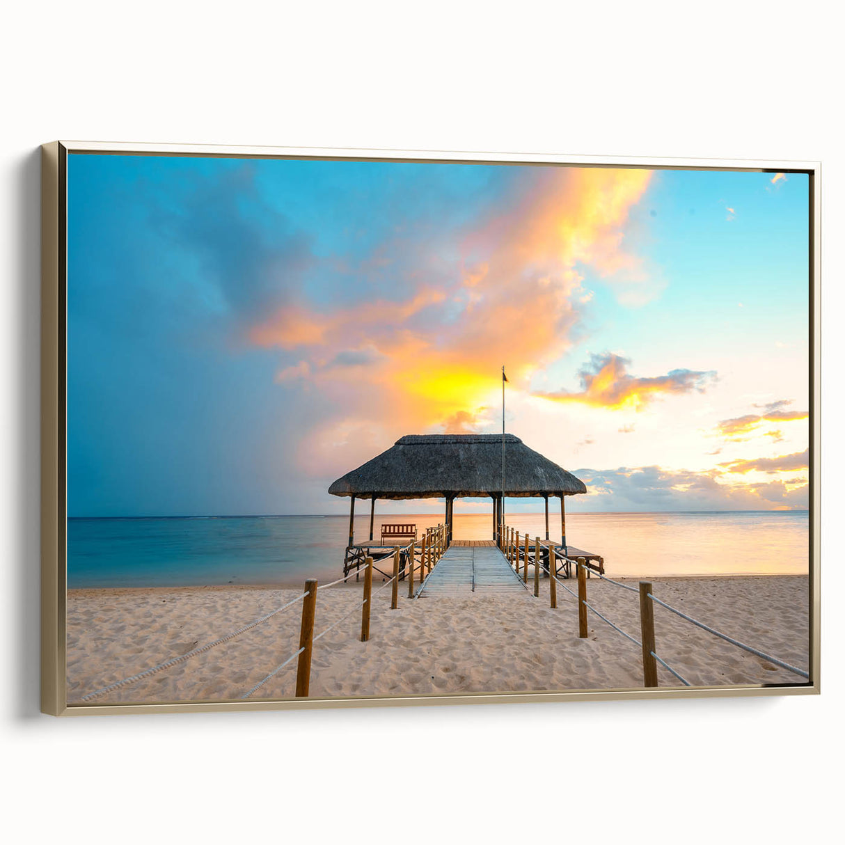 Landscape art painting of a colorful Mauritius scenery on a framed canvas, ideal for living room decor.