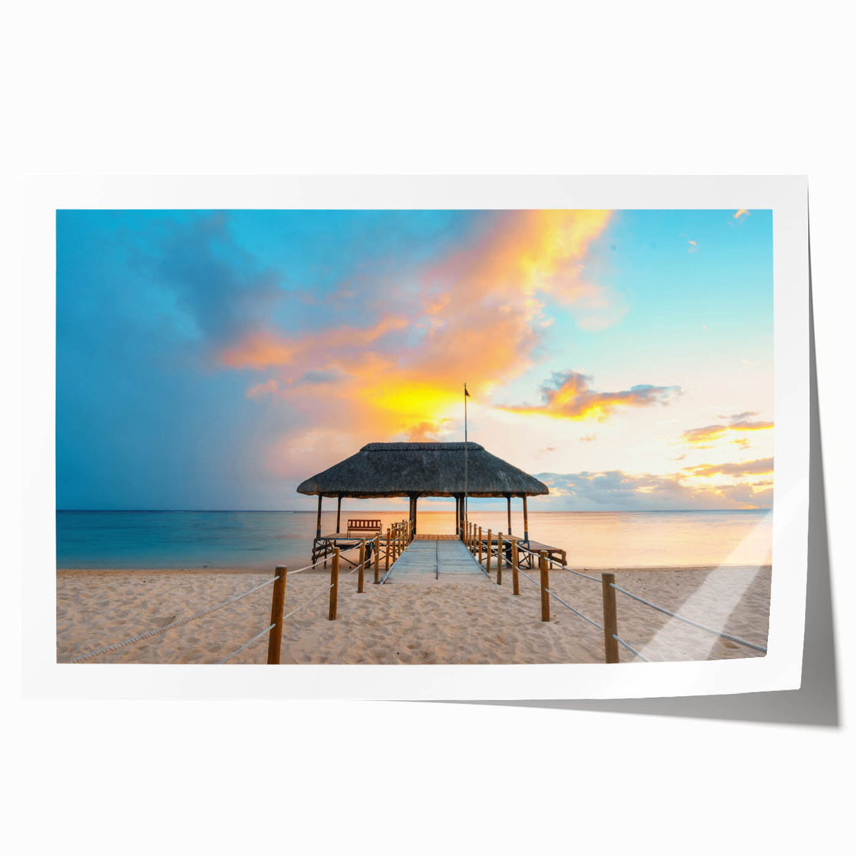 Extra large rolled print of a Mauritian landscape with vibrant green and blue tones, ideal for dining room wall art.