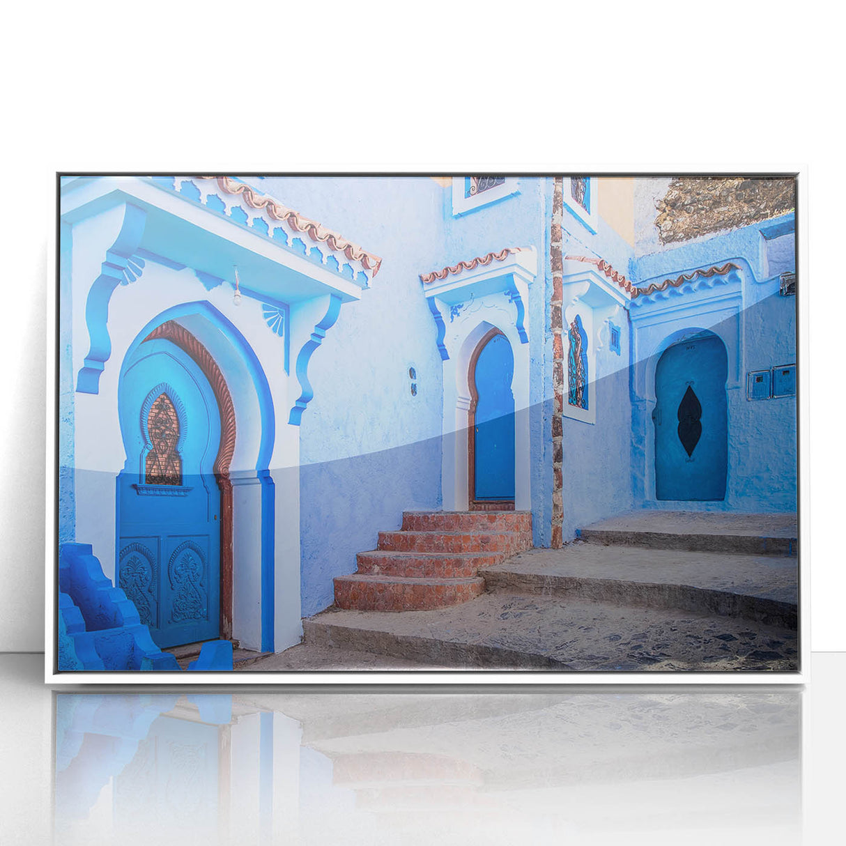 Large art print of a Moroccan landscape in muted earth tones on a framed acrylic, ideal for modern art wall decor.