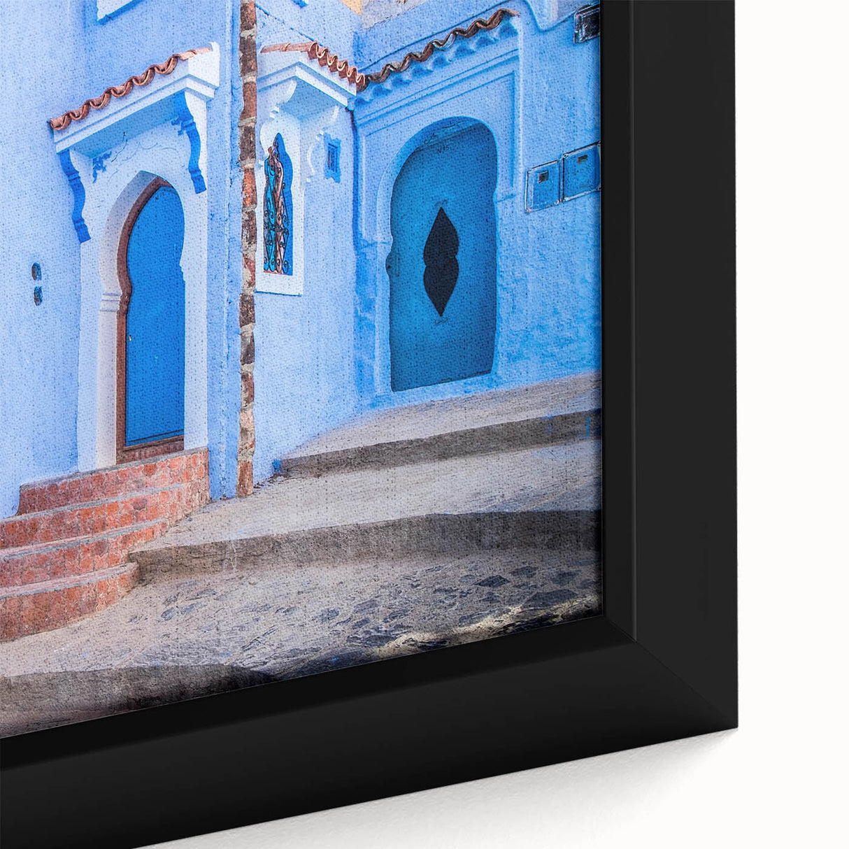 Extra large framed canvas featuring a textured, colorful Moroccan scenery in black, ideal for living room decor.