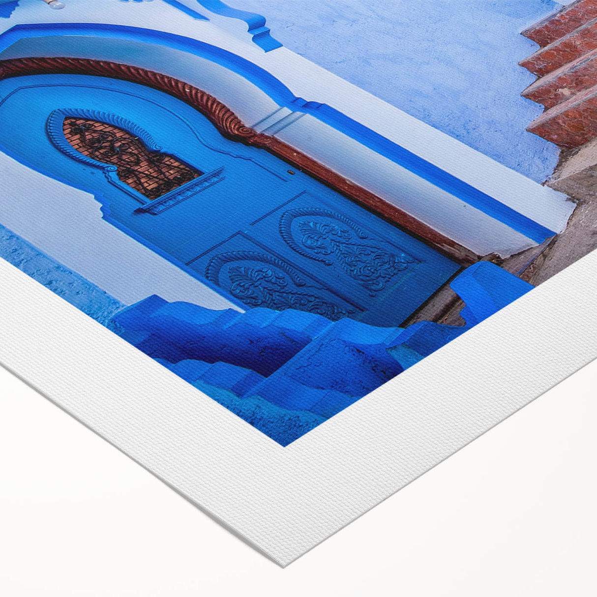 Art deco poster of a Moroccan landscape in muted earth tones on rolled canvas, suitable for dining room decor.