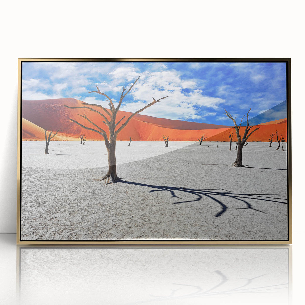 Mid-century modernist art depicting the Namibian desert landscape in muted earth tones on a framed acrylic print.