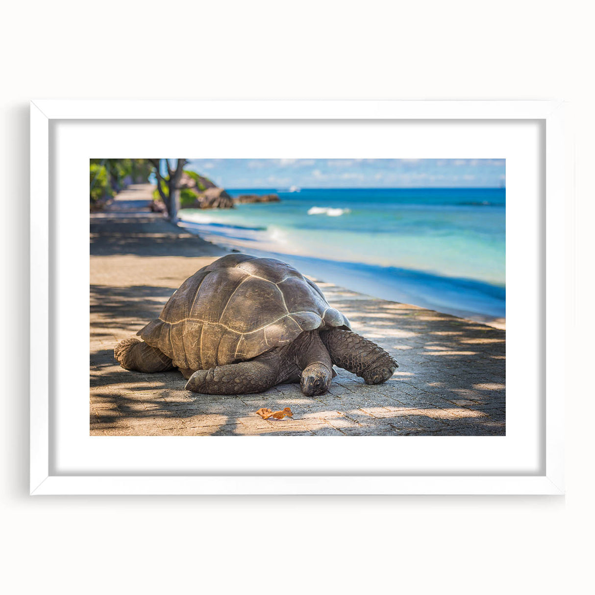 Textured abstract art print of a serene Seychelles landscape in soft blue and green hues, framed with a white mat.