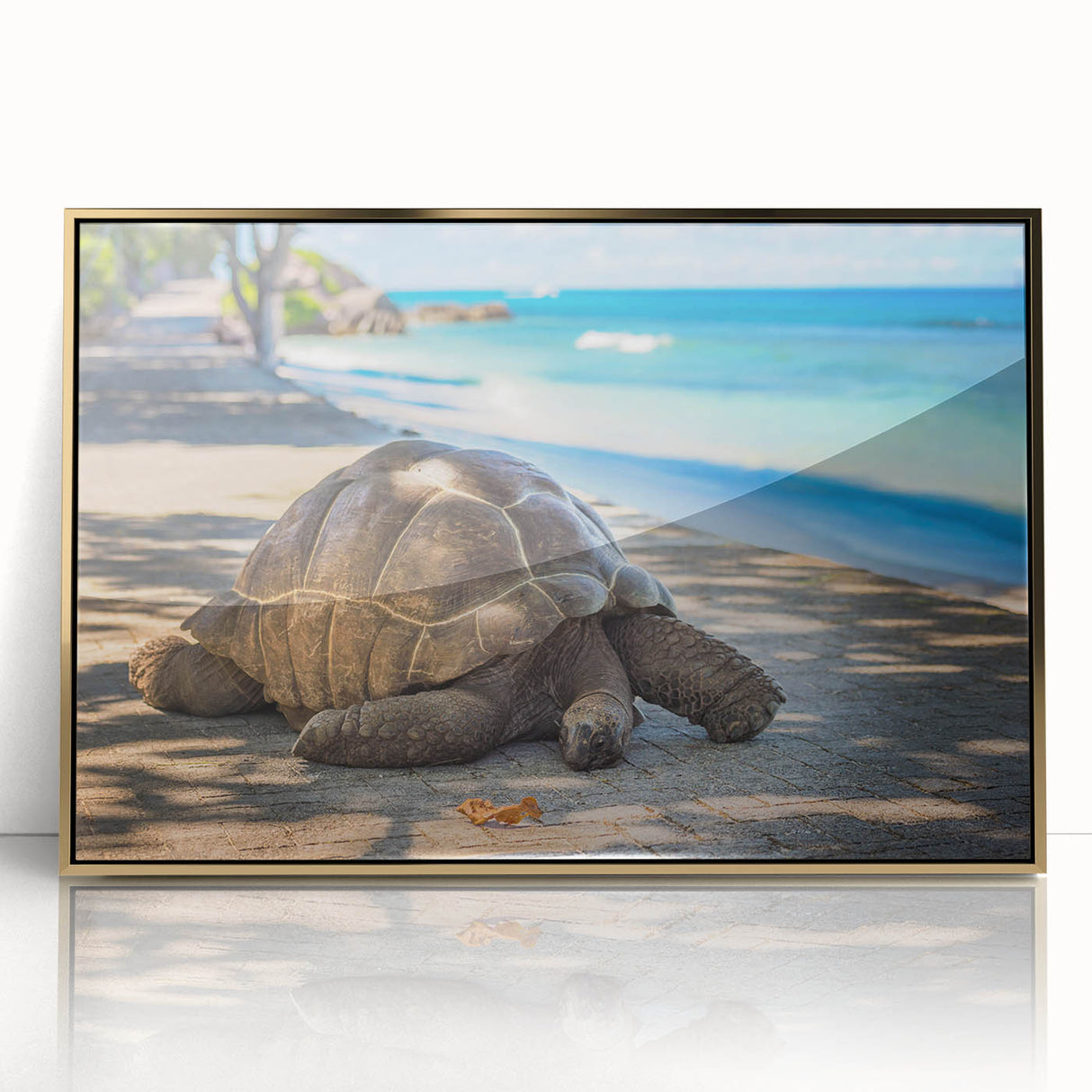 Acrylic print of a Seychelles scenery with vibrant blue and green tones in a gold frame, suitable for modern art wall decor.