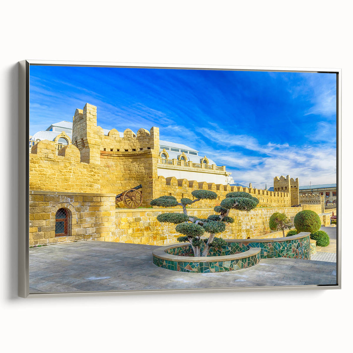 Framed canvas landscape art painting depicting a colorful vintage poster of an Azerbaijani scenery.
