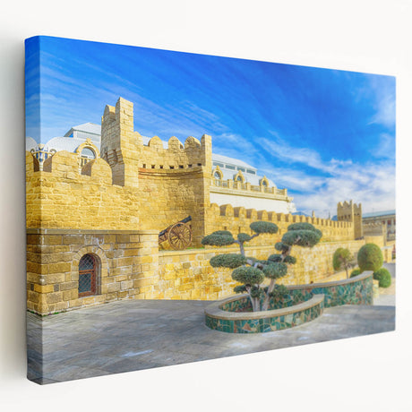 Large art depicting a tranquil Azerbaijani landscape in muted earth tones on a stretched canvas, ideal for kitchen wall art.