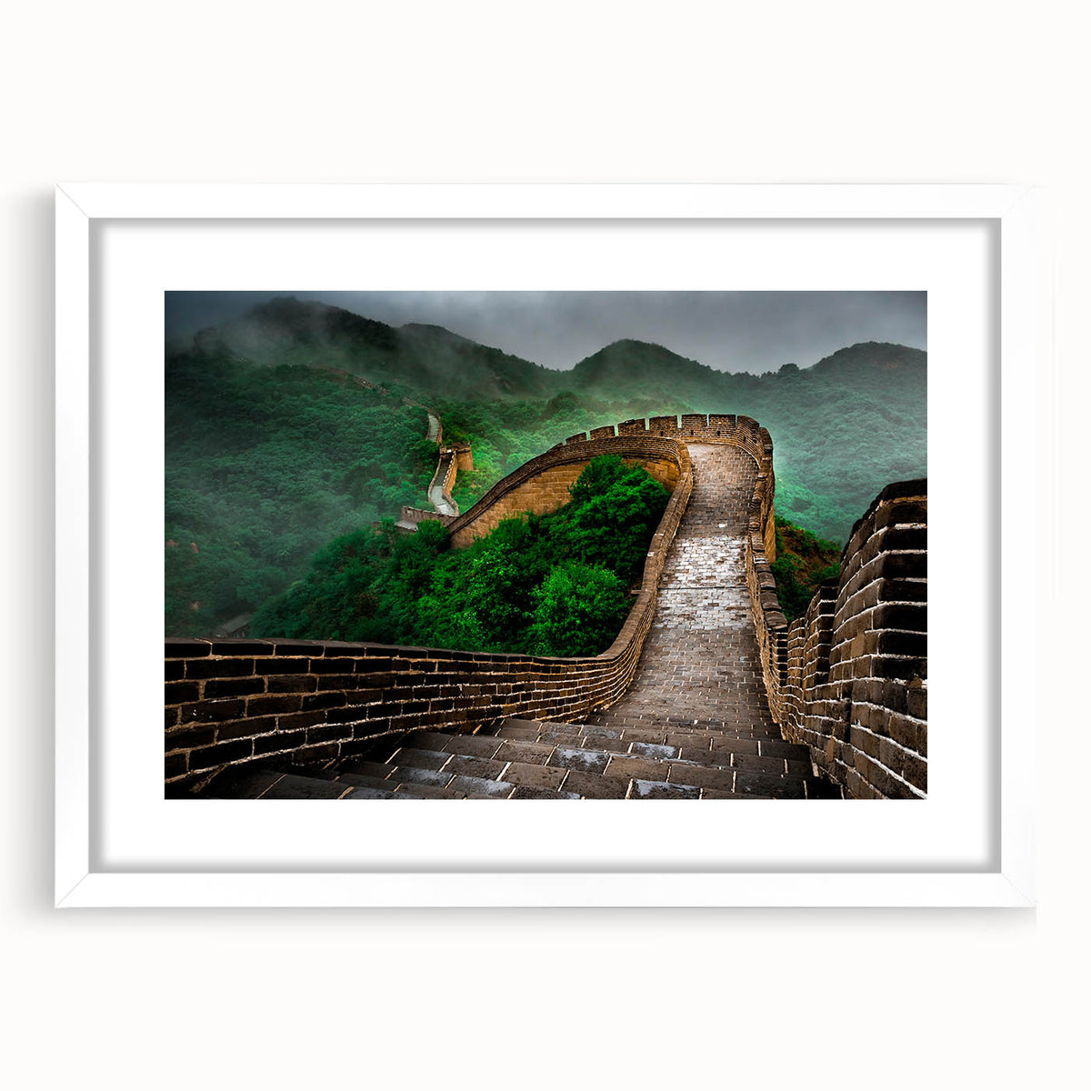 Abstract art print of the Great Wall of China in muted earth tones on a framed white mat.