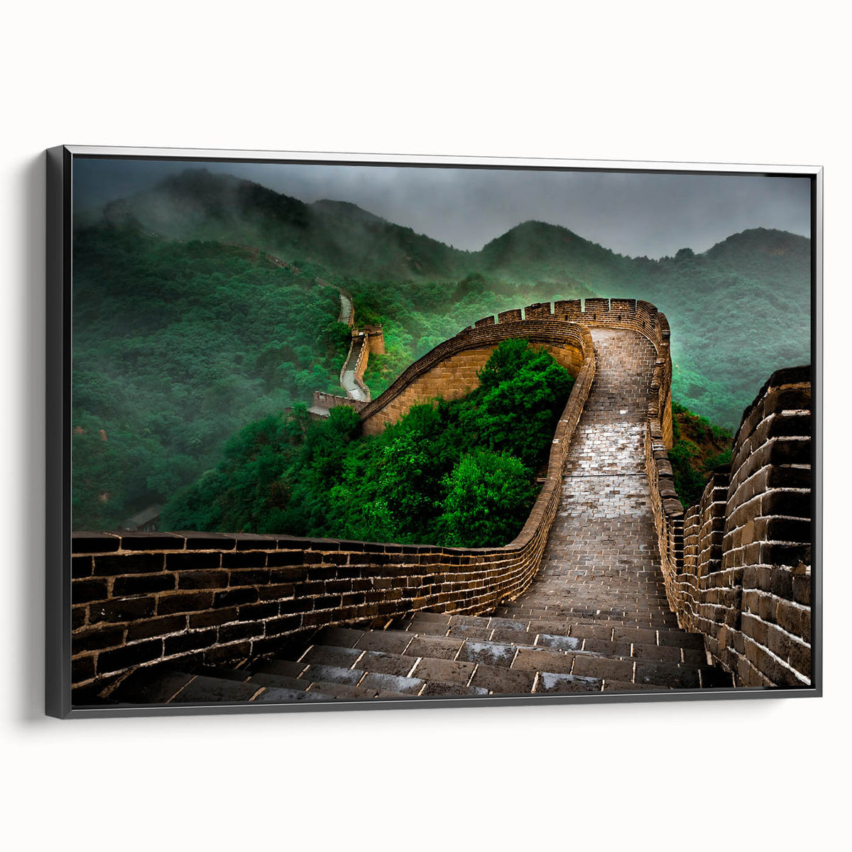 Black and white framed canvas of the Great Wall of China in a vintage poster style, ideal for bedroom wall decor.