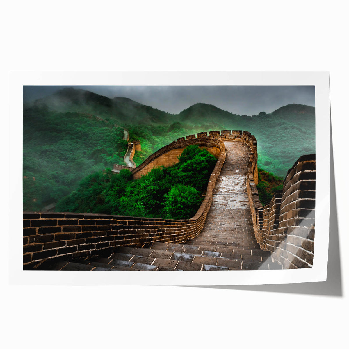 Rolled print of the Great Wall of China in muted earth tones, ideal for dining room wall art.