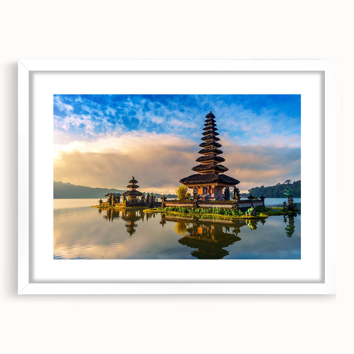 Abstract art print of an Indonesian landscape in muted earth tones on a framed white canvas, suitable for dining room decor.