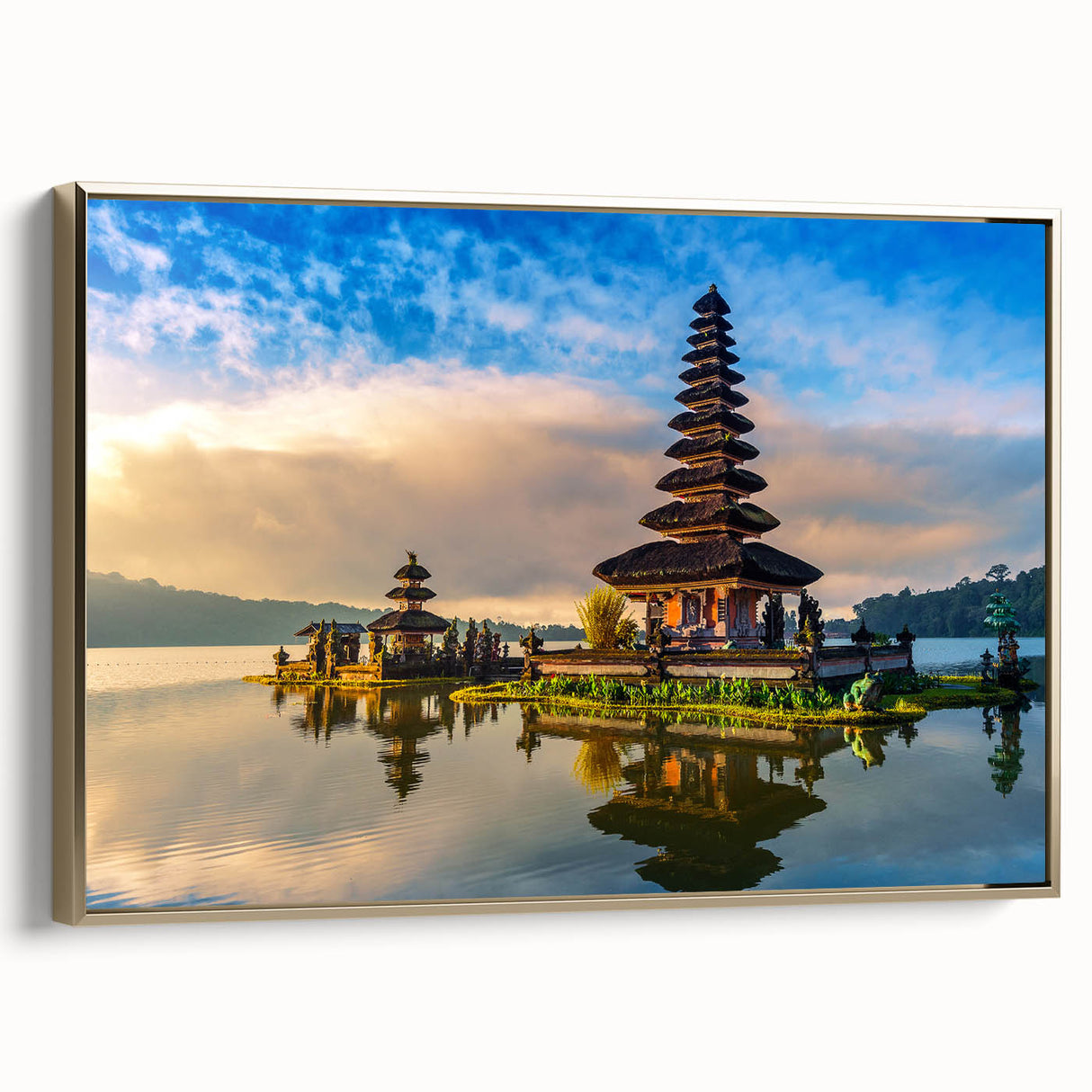 Framed canvas depicting a vintage-style Indonesian landscape in muted gold and black tones, ideal for bedroom wall decor.