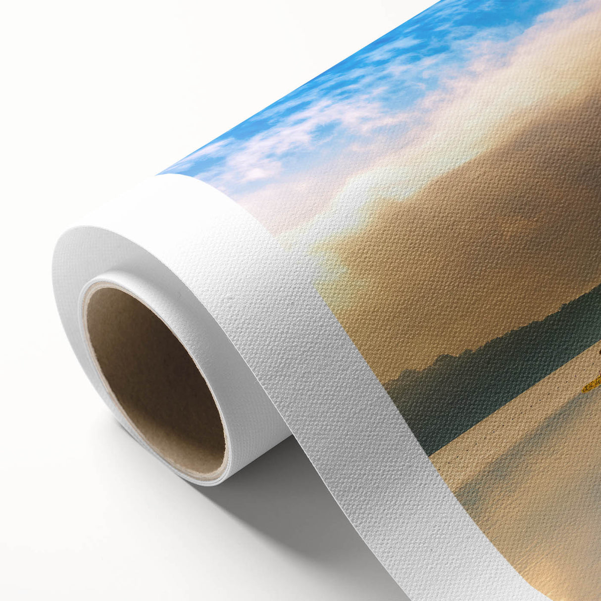 Art Deco style poster of an Indonesian landscape on rolled canvas, in muted earth tones, suitable for nursery wall art.