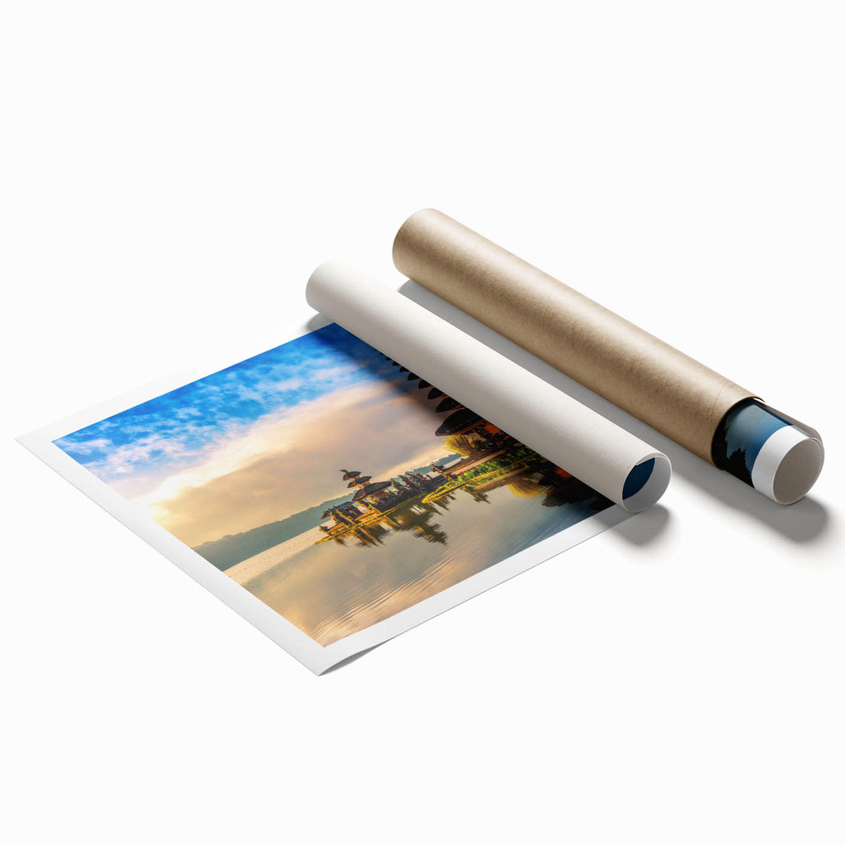 Extra large rolled print featuring a serene Indonesian landscape with lush greenery and floral elements.