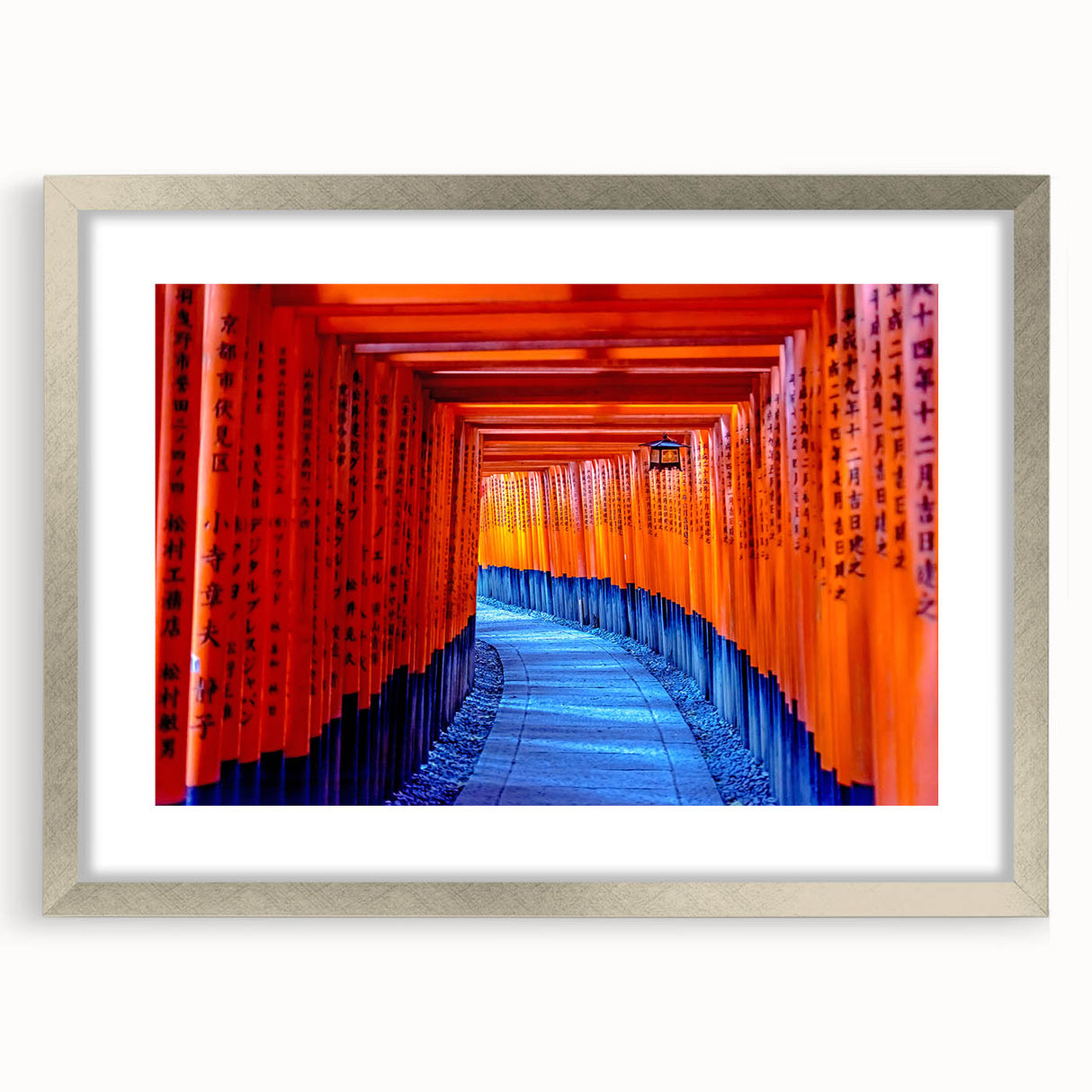 Textured art of a serene Kyoto scenery in muted earth tones on a framed silver mat, suitable for bedroom art.